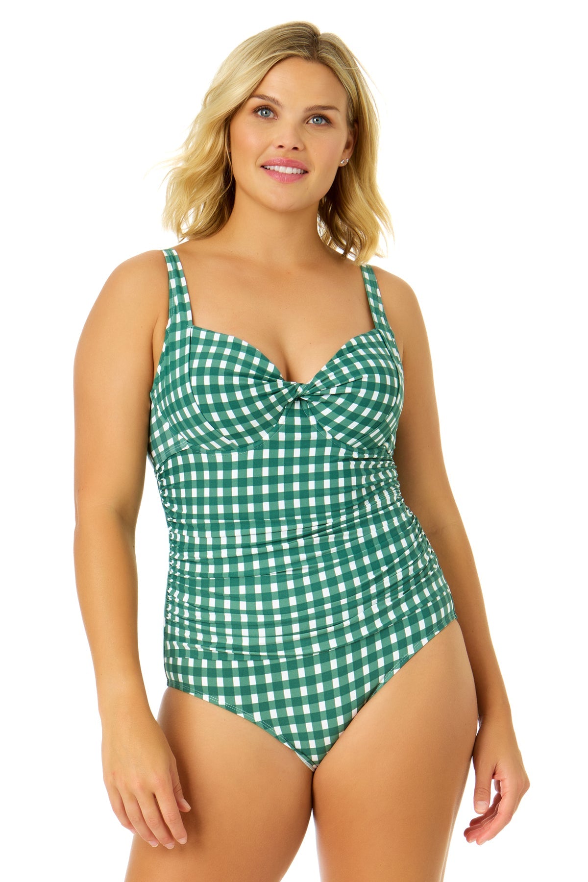 Women's Green Gingham Retro Twist Front Shirred One Piece Swimsuit