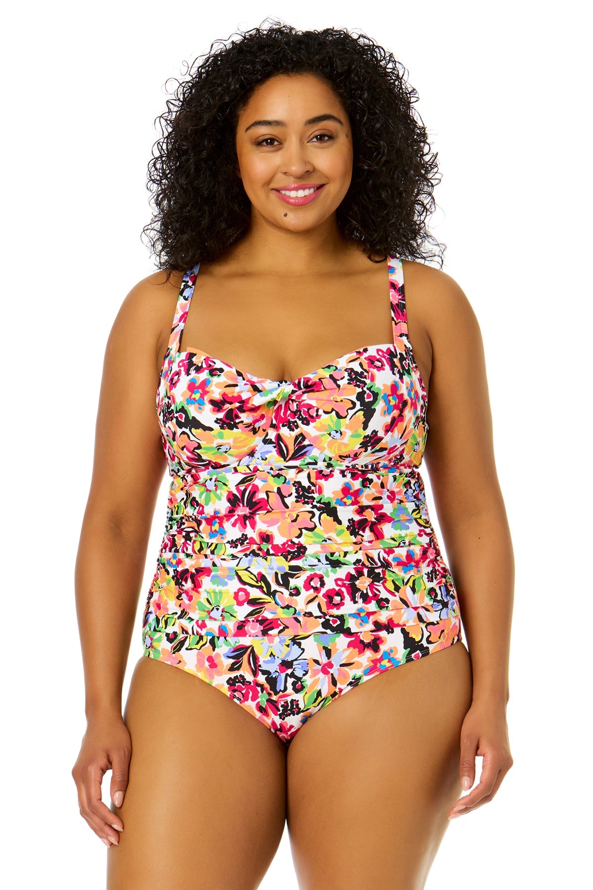 women's plus size one piece swim dress Women's Plus Size Sun Blossom Retro Twist Front Shirred One Piece Swim