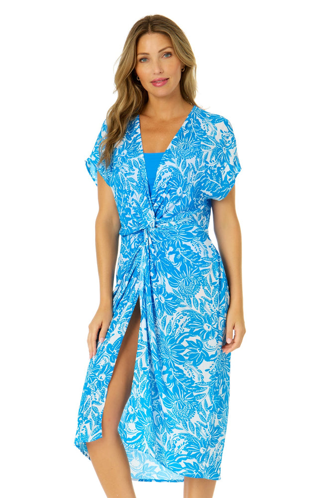 Women's Midnight Floral V Neck Twist Front Midi Dress Cover Up