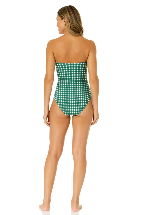 Women's Green Gingham Twist Front Shirred One Piece Swimsuit