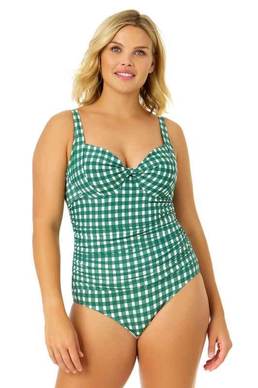 Women's Green Gingham Retro Twist Front Shirred One Piece Swimsuit
