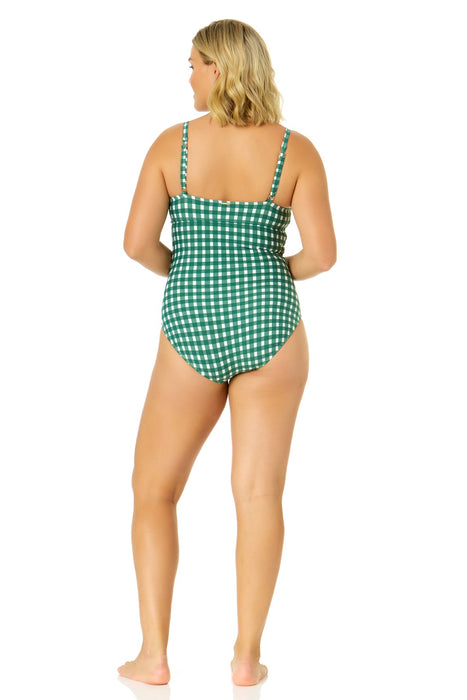 Women's Green Gingham Retro Twist Front Shirred One Piece Swimsuit