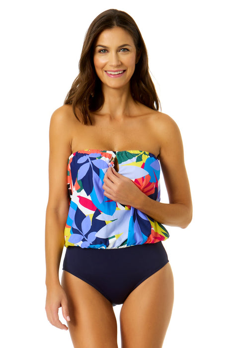 Women's Tropic Stamp Strapless Blouson Keyhole One Piece Swimsuit