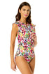 Women's Sun Blossom Flutter Sleeve Zip Up Rash Guard One Piece Swimsuit
