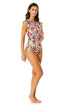 Women's Sun Blossom Flutter Sleeve Zip Up Rash Guard One Piece Swimsuit
