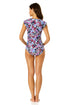 Women's Meadow Bouquet Flutter Sleeve Zip Up Rash Guard One Piece Swimsuit