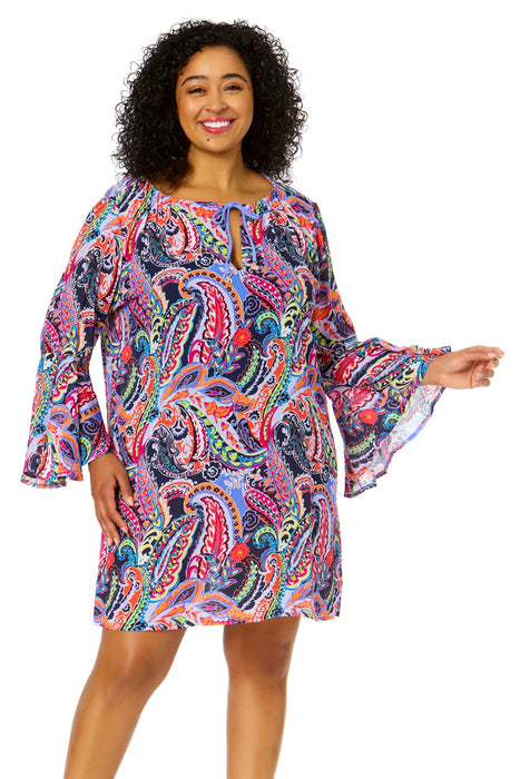 Women's Plus Size Paisley Parade Bell Sleeve Tunic Swimsuit Cover Up