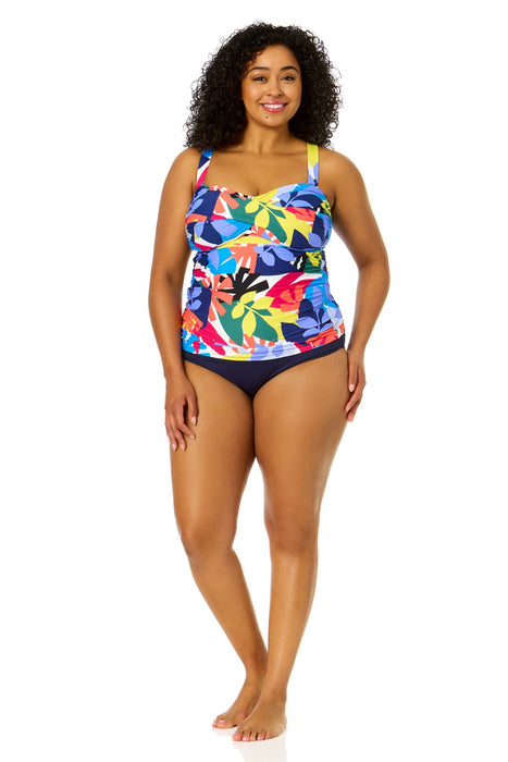 Women's Plus Size Tropic Stamp Twist Front Bandeaukini Swim Top