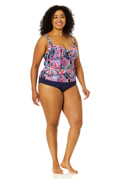 Women's Plus Size Paisley Parade Retro Twist Front Underwire Tankini Swim Top