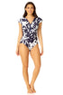 Anne Cole - Women's Flutter Sleeve Zip Up Rash Guard One Piece Swimsuit