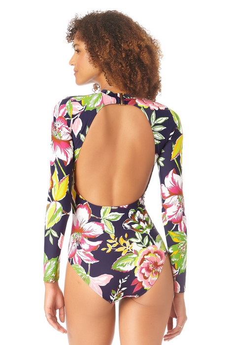 Anne Cole - Long Sleeve Open Back One Piece Rash Guard Swimsuit